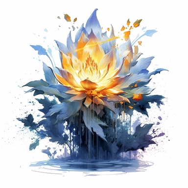 PIERCING snow lotus banana oak tree, oak white fire BLUE flame, light, golden sun, mighty flowers, pristine, sparkling, white flame, fire light mega epic flowers of epicness, cool and spiky, owning everything, floral art, no background, beautiful, no text, clipart, watercolor