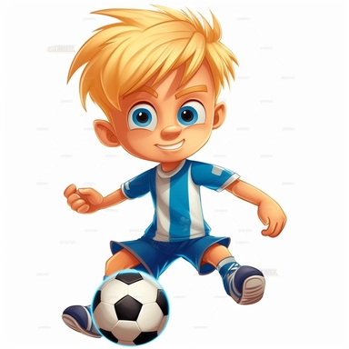 a 8 year old blond boy as a soccer star with long fringe haircut long fringe shaved sides, as a soccer star, full body, long fringe haircut shaved sides, blue eyes, blue eyes, comic style clipart like paw patrol