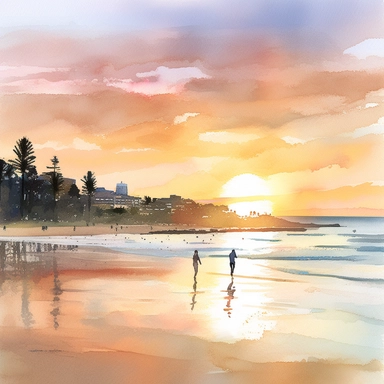 watercolour, clipart, manly beach, sunset