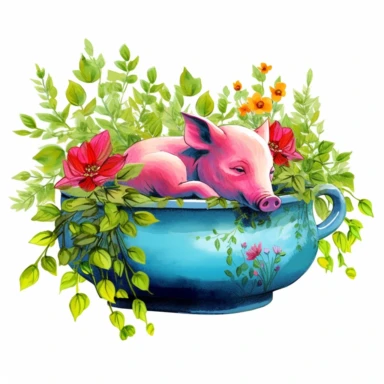 a small pot bellied piglet wearing a red sweater laying down under a Weeping Willow ,Teal Pink Purple Red Neon Green wildflowers surrounded by floral elements and splashes of watercolor in the background clipart ON A WHITE BACKGROUND