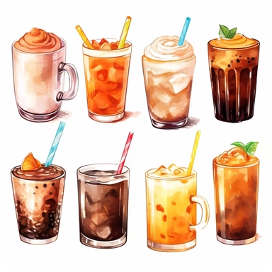 Milk, Soft Drink, Coconut Water, Coconut Milk Shake, Iced Chocolate, Hot Chocolate, Iced Cocoa, Macchiato, Squash, Caramel Latte, Caramel Macchiato, Bubble Milk Tea, Black Tea, white background, clipart, Object, vector collection, 8k, watercolor