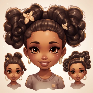 imagine adorable beautiful young black girl with ponytails and hairbows clipart vibrant colors, dreamy brown happy eyes, smiling, kawaii style with multiple poses ar 8:10 v5.1