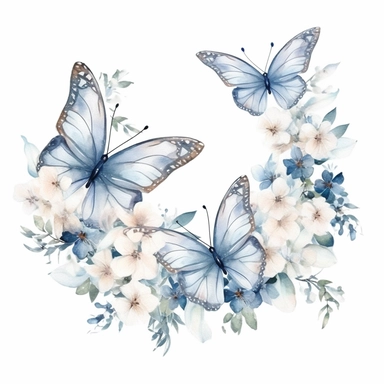 frosty white butterfly clipart with flower border, white background, watercolor, vector