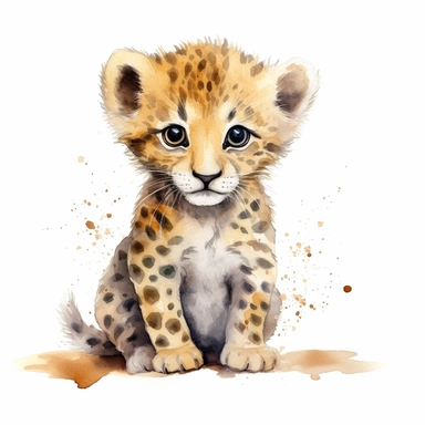 a vibrant baby leopard with kind eyes clipart with watercolor illustration,full body shot,8k,etsy style, white background