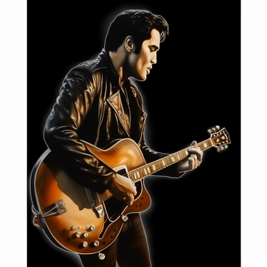 portrait view, full view, head to toe, beautiful image of Elvis Presley dressed in black leather jacket, black leather pants, with guitar and microphone, romantic, ethereal, fantasy, sharp focus, high detail, 8k, illustration clipart style, transparent background, (--iw 8)