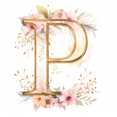 Clipart, Watercolor, Delicate, fine line, Gold Alphabet letter P, with soft pink flowers, pastel colors, hand-draw, texture