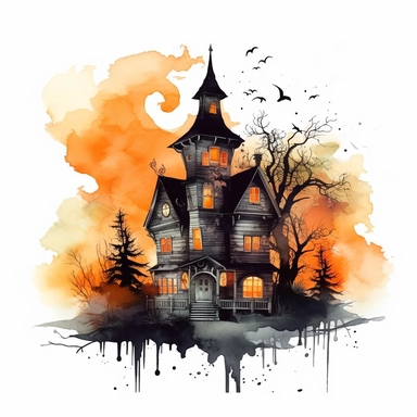 watercolor style, spooky halloween haunted house clipart, haunted house decorated in creepy Halloween style decor, whimsical Halloween witch house, isolated on white background, 4K, dark, night scene, orange and black color scheme