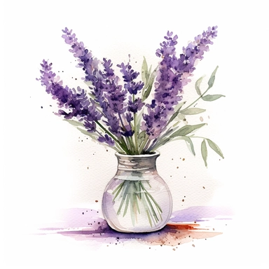 watercolor small glass vase with lavender clipart on white background