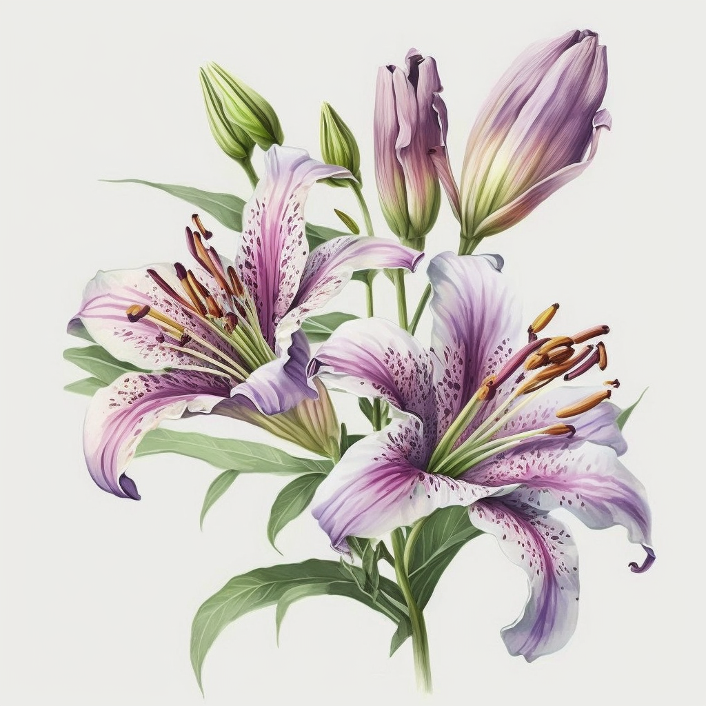 Watercolor realistic detailed purple tiger lily bouquet clipart, white ...