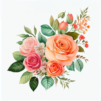 one bouquet arranged roses watercolor clipart, the colors are Apricot Orange and Bubblegum Pink arranged clipart, watercolor, 8k, white blank background