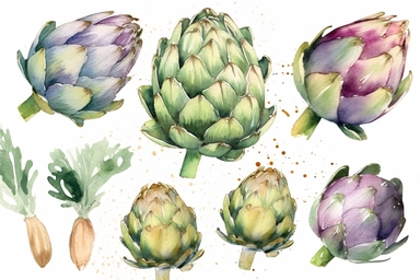 watercolor artichoke vegetable clipart, flat style, no volume, few details, washed out, minimalistic style, very lose details, very light colors, transparent colors, light airy hues and pastel tones, spaced out, white background, washed out colors and paint, hand-painted watercolor, watercolor spray, watercolor splash, splatters and paint smudges on top of each artichoke, watercolor paper with visible rough paper texture, a variety of watercolor brushes, do not cross workspace borders, rough wat