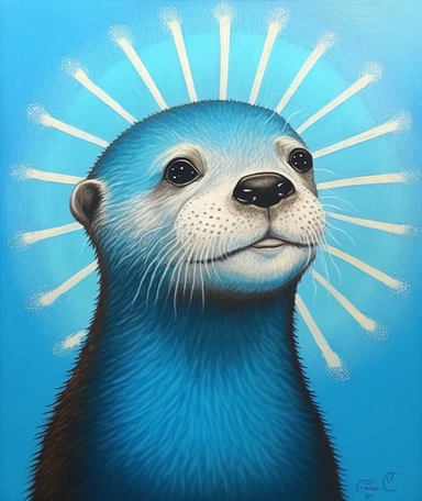 cute otter with bright blue eyes, animal illustrations, appropriation artist, light blue background, precisionist art, clipart