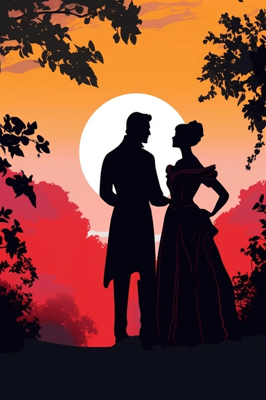 clipart silhouette angry man and woman, facing away with each other and arms folded, regency romance, bright colors, rose garden