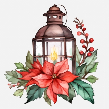 Hand-paintedWatercolor Christmas card with lantern, poinsettia, and fir branches. Hand painted holiday composition with flowers Full body realistic cartoon in 32K UHD cute. 15 cm thick outline. Black color. There was no shadow on the ground. 8k with realistic watercolors and detailed illustrations. PNG clipart, transparent white background