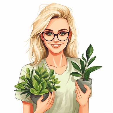 A HAPPY Young Woman WITH GLASSES AND blond hair Holding PLANTS Clipart in the style of hand-drawn, clean lines on a white background