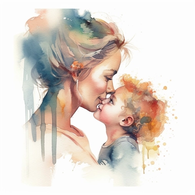 imagine watercolor, mother, happy, kissing child on forehead, clipart hd, profile shot, dreamy, on white background, portrait, spaced out