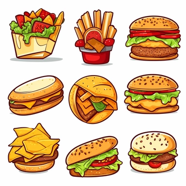 Design a clipart set that depicts various savory food items such as pizza, burgers, tacos, sandwiches, pasta, and other delicious snacks and meals. Include additional elements such as plates, utensils, and napkins to highlight the serving aspect of the food. Produce images of the food in various angles and styles to show the texture, such as the melted cheese on pizza, or dripping sauce from tacos.
