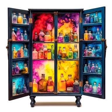 vibrant alcohol ink apothecary cabinet with open doors clipart