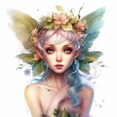 Enigmatic Fairy with an enigmatic aura, highly detailed face, and a mysterious expression, Use dreamlike lighting with soft sunlight falling on the subject’s face and deep colorful hair, to create an ultra-realistic image that captures the subject’s natural beauty and personality, clipart on white background