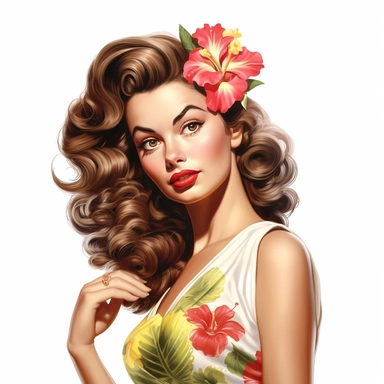 beautiful pretty pin up woman, makeup and hair vintage 50's style, hawaiian flower and dress, paint art style, detail, clipart, white background, superrealistic, one of a kind