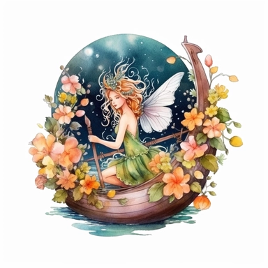 clipart, isolated on white background, Watercolor spring fairy and wings and flowers and branches and grass and leaves, moon and boat, ornated, vivid and vibrant and saturated colors