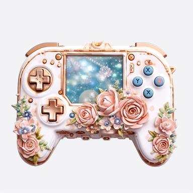 Watercolour rose gold and pastel detailed 3d Handheld gaming console, surrounded by beautiful roses and Swarovski crystals and diamonds, svg clipart style, solid white background, clipart element, clipart style highly detailed beautiful