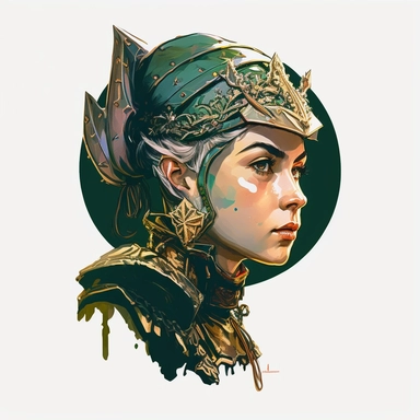 regency female elf elven Persian Asian noble soldier, Josh Kirby Mad Max Lord of the Rings, handpainted enamel punk zine indie retrowave, clipart illustration character portrait, circle white background