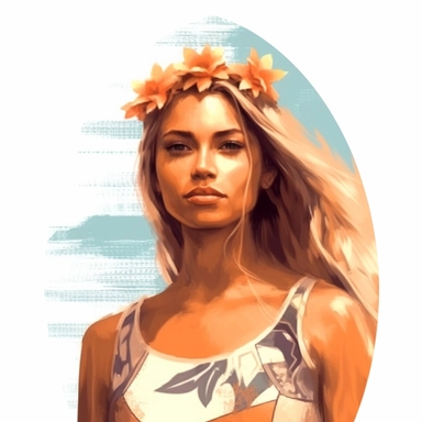 beautiful stunning pretty young surfer hawaiian woman , paint art style, clipart, white background, superrealistic, one of a kind