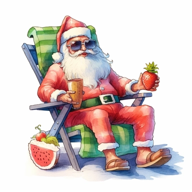cute Santa Claus Wearing Sunglasses, sitting on a beach chair and eating watermelon, style by Lucy Fleming, watercolor, smooth gradients, black contour outline, ultra detailed, clipart elements, delicate pastel colors, solid white background, super clear, high quality