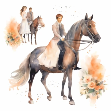 Very cute wedding illustrations clipart set, newlyweds riding a horse, on a white background separate elements with a margin, watercolors, husband and wife on their wedding day riding a horse together, love