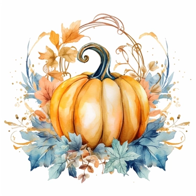 Watercolor pastel boho pumpkin with gold ornate watercolor sitting on pumpkin leaves white background. clipart