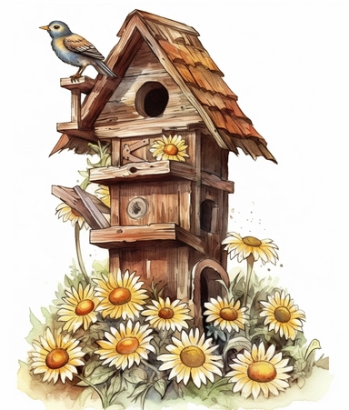 DESIGN A MAGNIFICENT AND EXQUISITE BREATHTAKING ONE-OF-A-KIND HIGH QUALITY HIGHLY DETAILED MASTERPIECE WATERCOLOR CLIPART ILLUSTRATION OF A birdhouse with daisy flowers, in the style of birds & flowers, digital painting and drawing