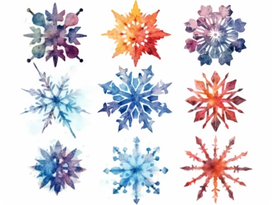 Watercolor clip art on white background, Snowflakes Clipart, high-resolution image with vibrant and true-to-life colors, isolated