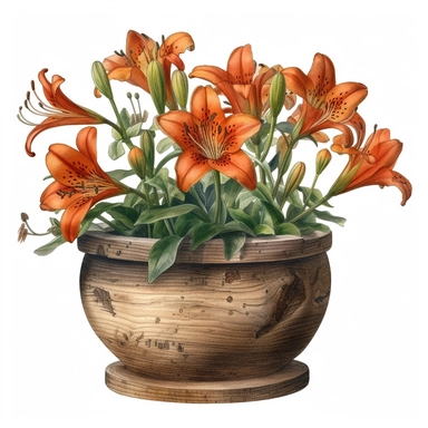 Realistic Tiger Lily flowers in a small wooden pot, watercolor clipart, isolated white background, high resolution, very detailed, 32k
