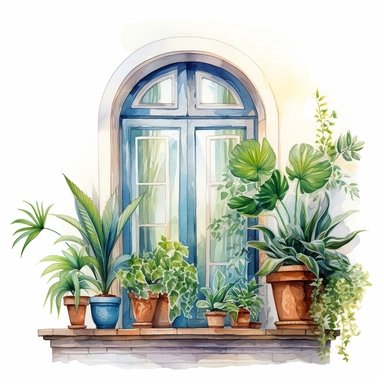 home plants standing front of a big boho style window with watercolor effect,suitable for digital clipart,white background,greenery plants,home style plants,vibrant scene
