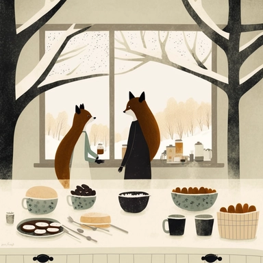 in the style of Ryo Takemasa, xuan loc xuan, Lisa Audit, Anastasia Suvorova, Jon Klassen, greg tocchini, a hearty breakfast in a winter morning of squirrel family, cozy home, fantastic realism, tranquil and serene, anemoia, white background, vector, clipart, elaborate, ultra-detailed, best quality illustration, well composed, vibrant colors, high definition, UHD