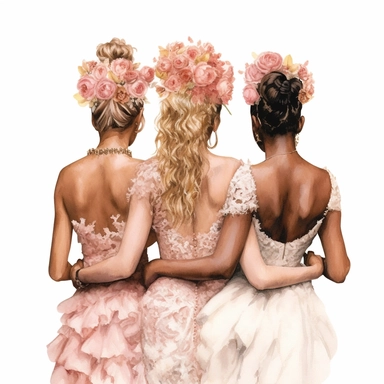glamour dolce & gabbana half body back shot, watercolor white wedding dress bride wedding black bride hairstyle with beautiful gold headpiece clipart, + two bridesmaids in pink dress, hd, isolated on white background, spaced out ar 3:2