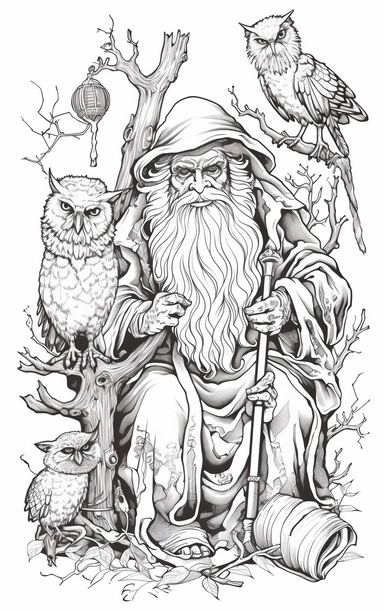 Coloring cartoon page for adult,witch clipart 6 witches, owl, in the style of reimagined by Dr. Seus, mystic mechanisms, illusory images, witchcore, lith printing ,clear and clean line art, white background