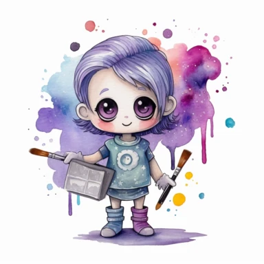 watercolor funny create kawaii marbled black ,silver, purple chibi with school supplies clipart, isolated on white background,space out--ar3:2--s1000