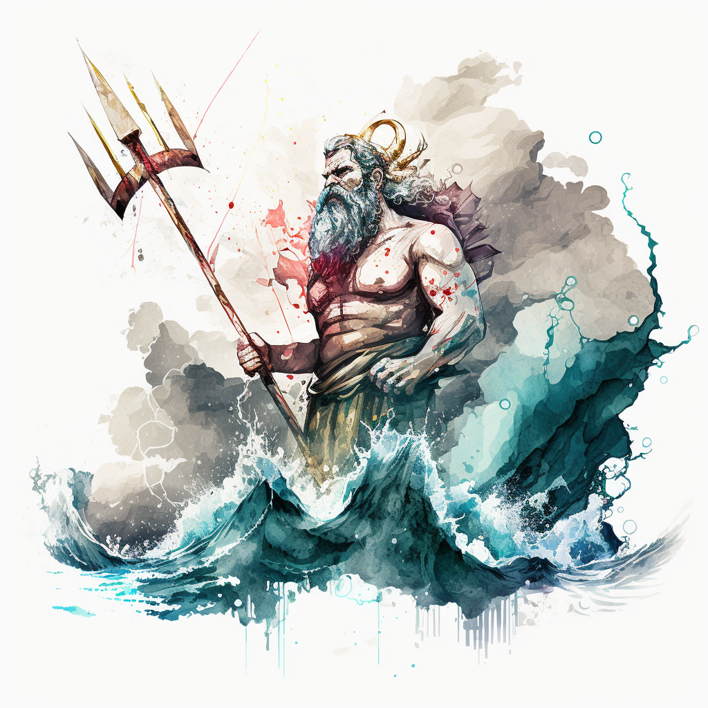 Angry Poseidon's holding his pitchfork on the sea with watercolor ...