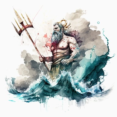 Angry Poseidon's holding his pitchfork on the sea with watercolor effect,clouds and lightnings,fantastic scene,suitable for digital cliparts,white background,antience greece style