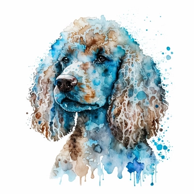 the Poodle is painted beautifully with watercolor splashes, in the style of light azure and dark amber, uhd image, avacadopunk, ferrania p30, elegant, emotive faces, high resolution, symmetrical, white background, no overflow, clipart