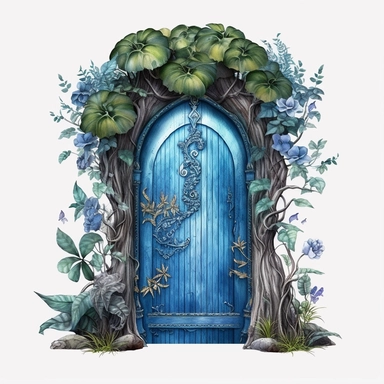 Watercolour beautiful azure blue realistic forest fairy door with realistic perfectly detailed forest leaves beautiful realistic details perfect forest fairy door magnificent details beautiful compelling realistic PNG image,ultra highly detailed, 18k, sharp focus, bright photo with vibrant colours digitally enhanced, enhanced graphics, straight, sharp focus, bright lighting, intricate detailed png image ,high definition,300dpi,graphic clipart,computer graphics