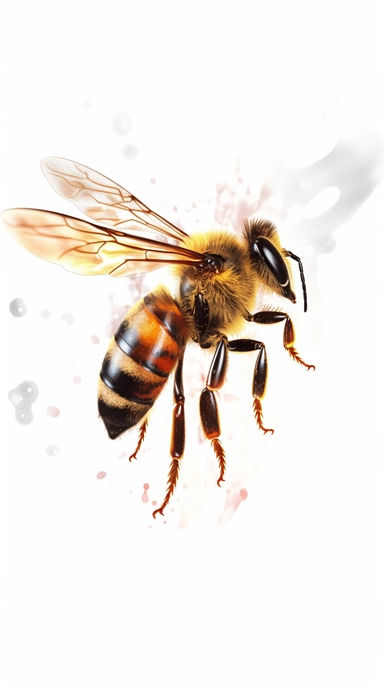 A stunning oil clipart graphic of a honey bee in mid-flight, with its wings beating rapidly and its body poised in mid-air. The style is impressionistic capturing the energy and vitality of the scene. The mood is lively and energetic, making this clipart perfect for use in designs related to movement and activity. White-background, vector, contour