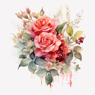 watercolor pink and red flower roses and leaves bouquet with floral detail, clipart, red and beige, booru, uhd image, pastoral charm, free brushwork