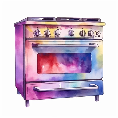 watercolour kitchen oven, clipart on white background, no watermark, highly detailed, professional color gradation, clean sharpness