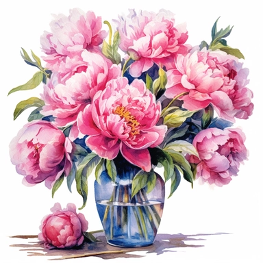Bouquet of beautiful large pink peonies in transparent vase, standing in front of the the french door open to the french south of france garden, clipart, watercolor Illustration, Sublimation graphics, by Beatrix Potter, single design, print on demand image, PNG transparent background, white background, 8k