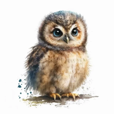 Watercolor furry Baby Owl Clipart with cute face and cute big eyes with white background and clear edges with high quality detailed image