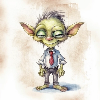 Create a watercolor clipart of a cute goblin in work attire, perfect for adding a quirky touch to your designs. The goblin should be depicted in a pastel color palette, with soft, whimsical brushstrokes and no background, making it easy to integrate into any project. Use a wide-angle camera lens to capture the goblin from a slightly lower angle, emphasizing its playful, mischievous nature.