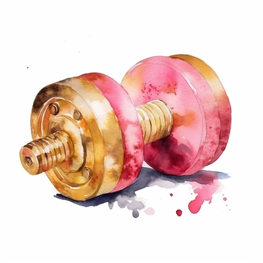 sweet pink and gold hand-painted in watercolors, workout equipment clipart, dumbbell clipart , isolated white background, single design, sharp, bold, hand-paint